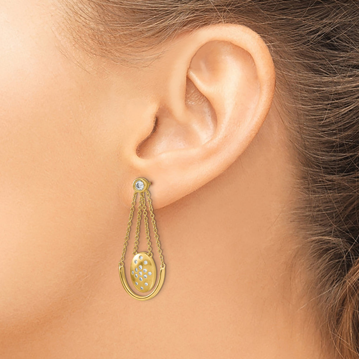 14k Yellow Gold Drop Earrings with Cubic Zirconia, Multi-Chain Dangle and Oval Horseshoe Design