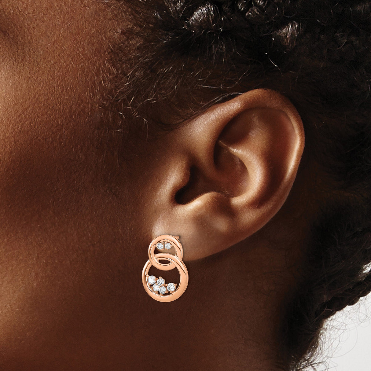 14k Rose Gold Infinity Stud Earrings with Round Diamonds, Double Loop Design for Women