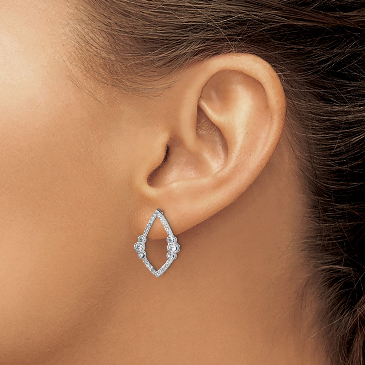 14k White Gold Diamond Earrings, Marquise Bezel and Pave Set, Modern Open Design Studs