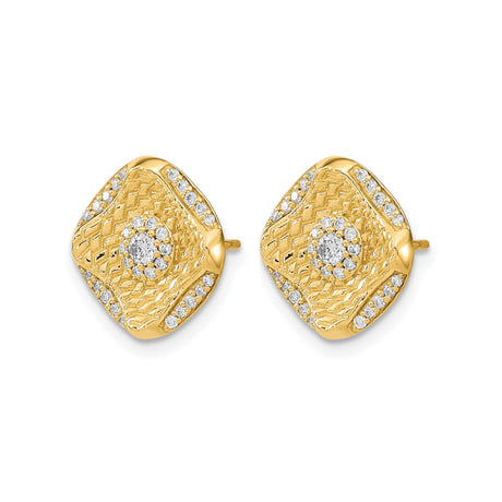 14k Yellow Gold Cushion Stud Earrings with Pavé Diamond Floral Cluster and Textured Finish