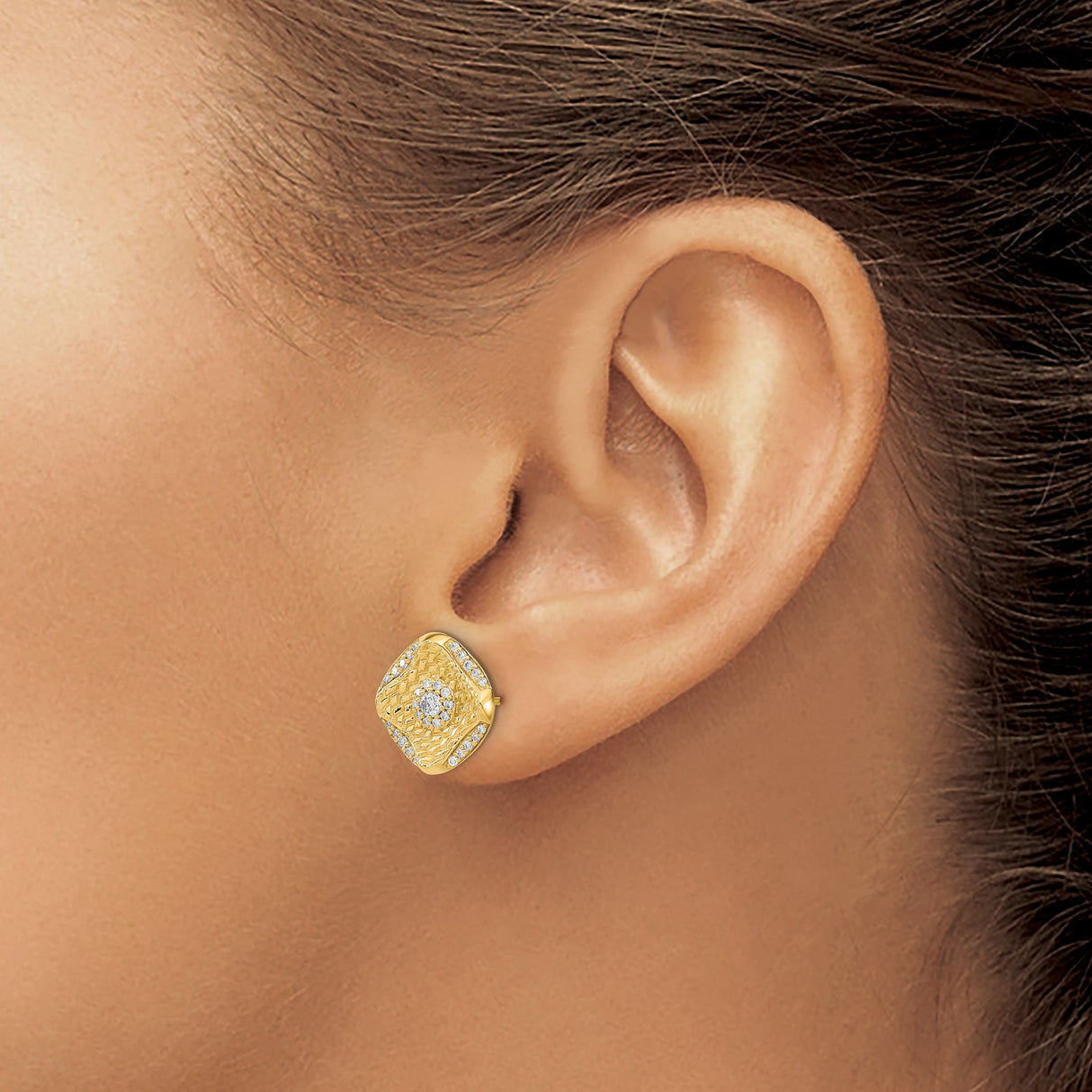 14k Yellow Gold Cushion Stud Earrings with Pavé Diamond Floral Cluster and Textured Finish