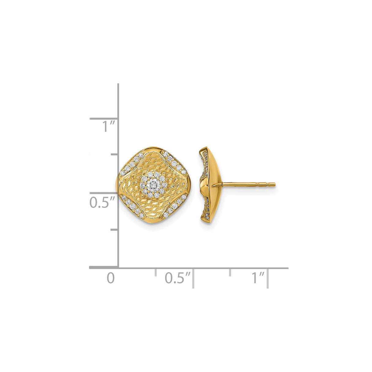 14k Yellow Gold Cushion Stud Earrings with Pavé Diamond Floral Cluster and Textured Finish