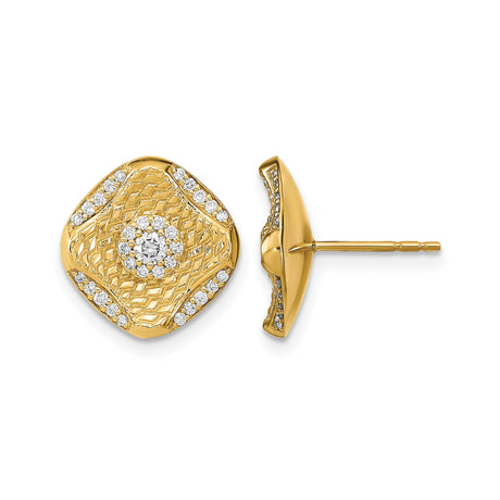 14k Yellow Gold Cushion Stud Earrings with Pavé Diamond Floral Cluster and Textured Finish