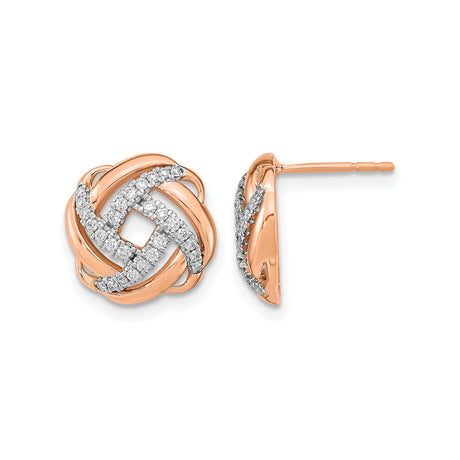 14k Rose Gold Knot Stud Earrings for Women with Interwoven Loops and Pavé-Set White Diamonds, Eternity Love Symbol Design, Elegant Fine Jewelry for Daily Wear or Special Occasions
