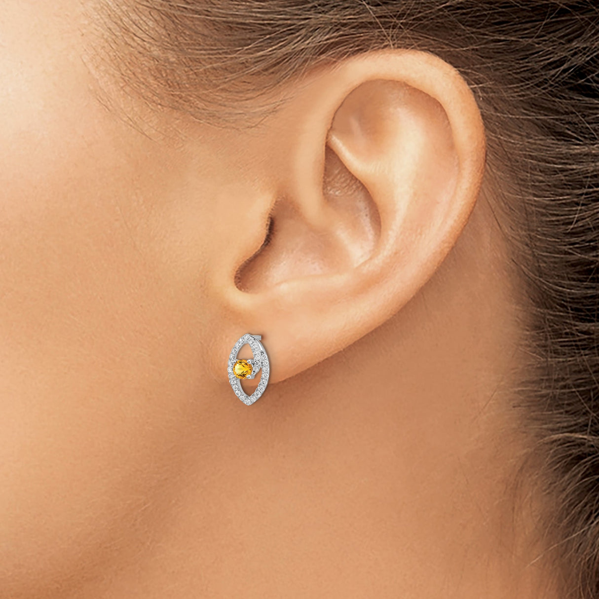14k White Gold Marquise Stud Earrings with Round Citrine and Diamond Accents