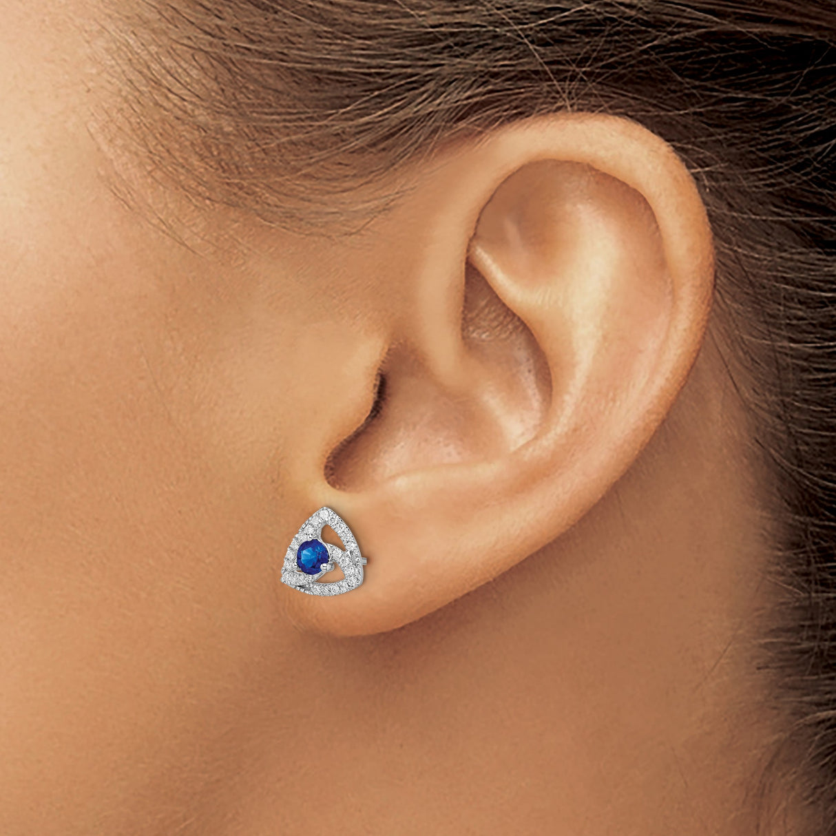 14k White Gold Stud Earrings with Blue Sapphire and Diamond Halo, Triangle Design