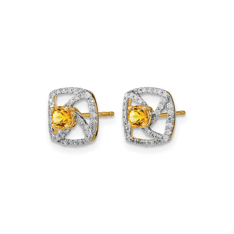 14k Yellow Gold Stud Earrings with Round Citrine and Diamond Accents, Cushion Halo Design