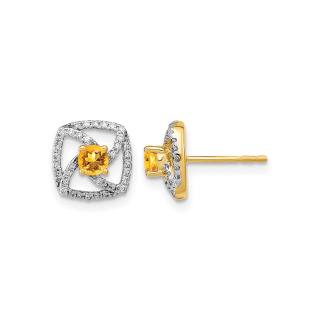 14k Yellow Gold Stud Earrings with Round Citrine and Diamond Accents, Cushion Halo Design