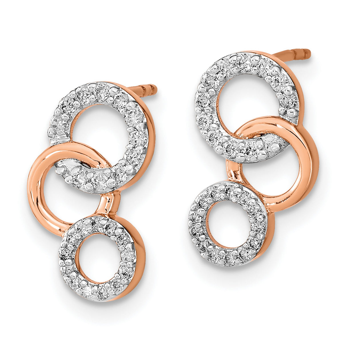 14k Rose Gold Stud Earrings with Pavé Diamonds, Interlocking Open Circles Design