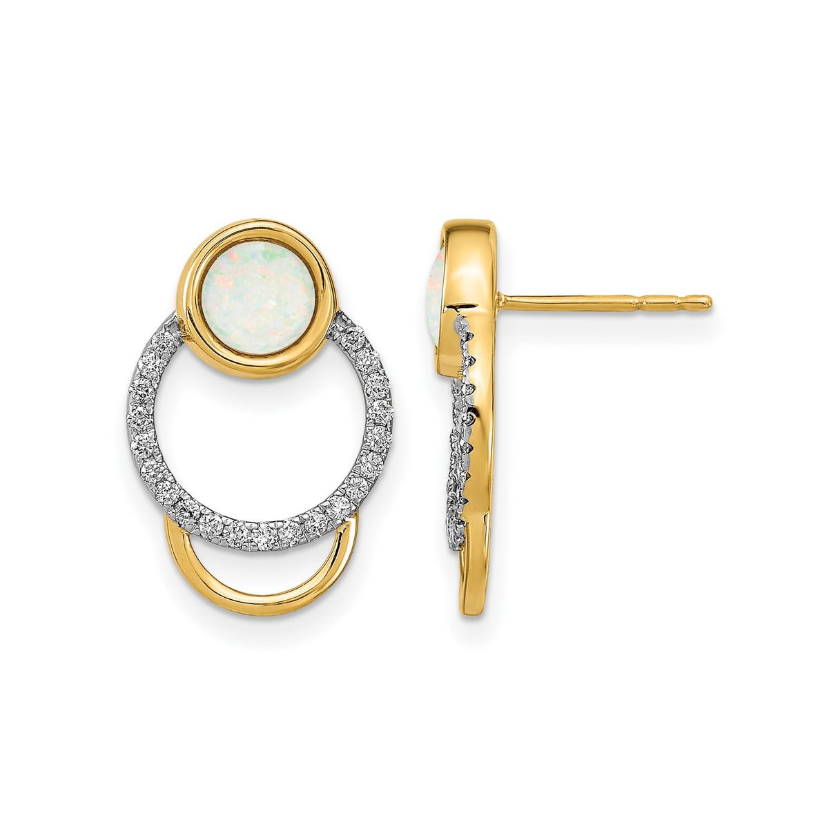 14k Yellow Gold Stud Earrings with Round White Opal and Diamond Accents, Double Circle Design