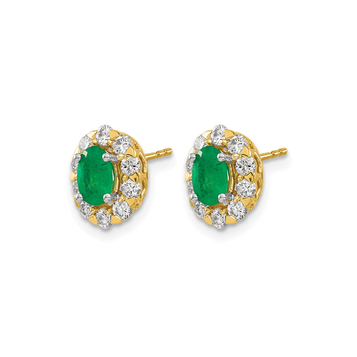 14k Yellow Gold Stud Earrings with Oval Emerald and Diamond Halo, Vintage Floral Style