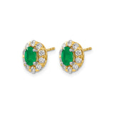 14k Yellow Gold Stud Earrings with Oval Emerald and Diamond Halo, Vintage Floral Style