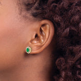 14k Yellow Gold Stud Earrings with Oval Emerald and Diamond Halo, Vintage Floral Style