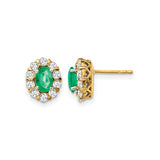 14k Yellow Gold Stud Earrings with Oval Emerald and Diamond Halo, Vintage Floral Style