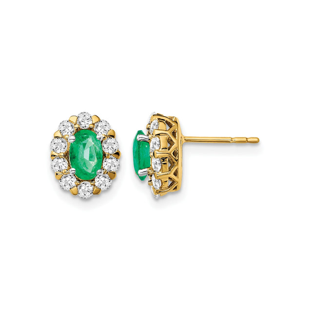 14k Yellow Gold Stud Earrings with Oval Emerald and Diamond Halo, Vintage Floral Style