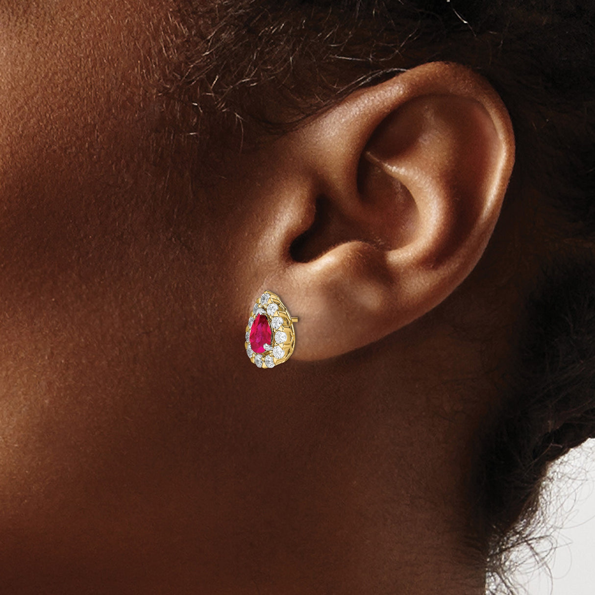 14k Yellow Gold Teardrop Stud Earrings with Ruby and Diamond Halo