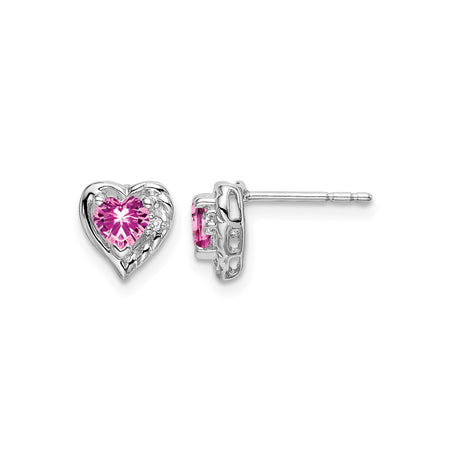 14k White Gold Heart Stud Earrings with Created Pink Sapphire and Diamond Accents