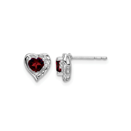 14k White Gold Heart Stud Earrings with Garnet and Diamond Accents