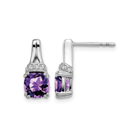 10k White Gold Stud Earrings with Cushion Cut Amethyst and Diamond Accents