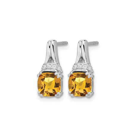 10k White Gold Stud Earrings with Citrine and Diamond Accents, Modern Minimalist Design for Women