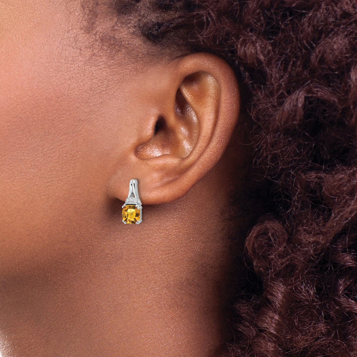 10k White Gold Stud Earrings with Citrine and Diamond Accents, Modern Minimalist Design for Women