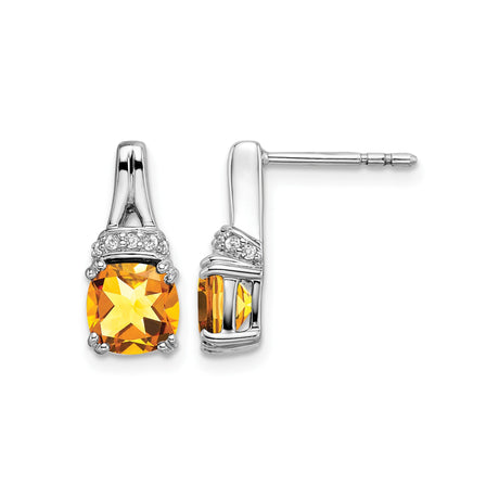 10k White Gold Stud Earrings with Citrine and Diamond Accents, Modern Minimalist Design for Women