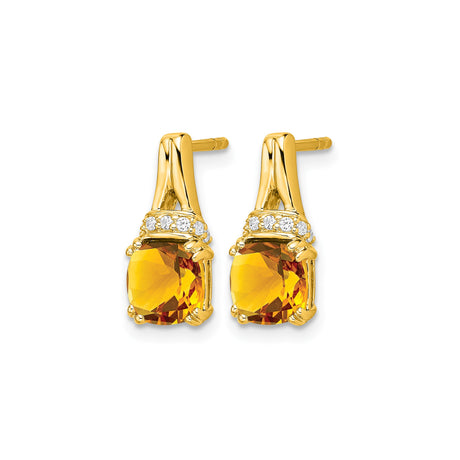 10k Yellow Gold Stud Earrings with Round Citrine and Diamond Accents, Modern Design