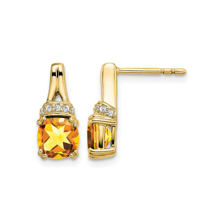 10k Yellow Gold Stud Earrings with Round Citrine and Diamond Accents, Modern Design