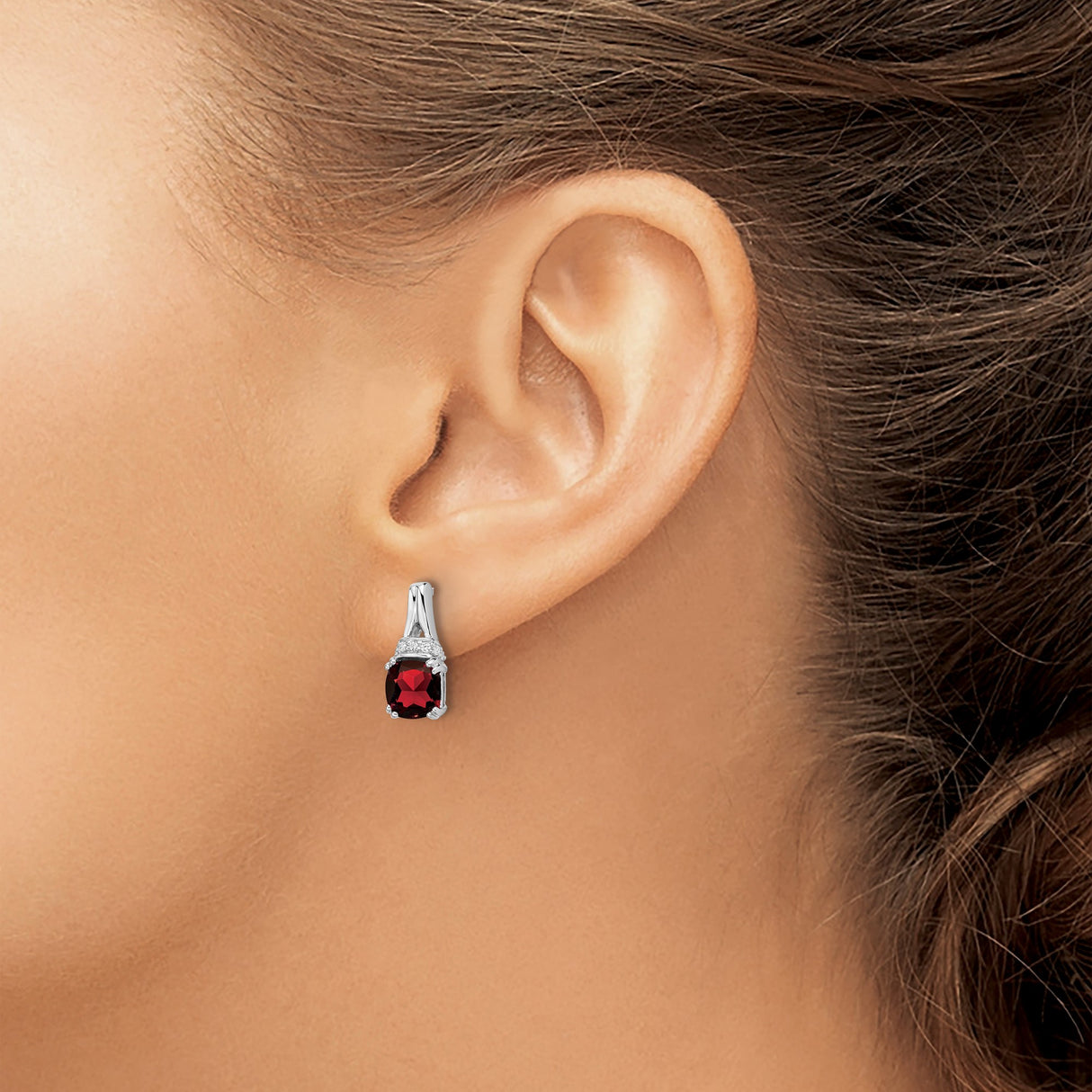 10k White Gold Stud Earrings with Garnet and Diamond Accents, Classic January Birthstone Jewelry