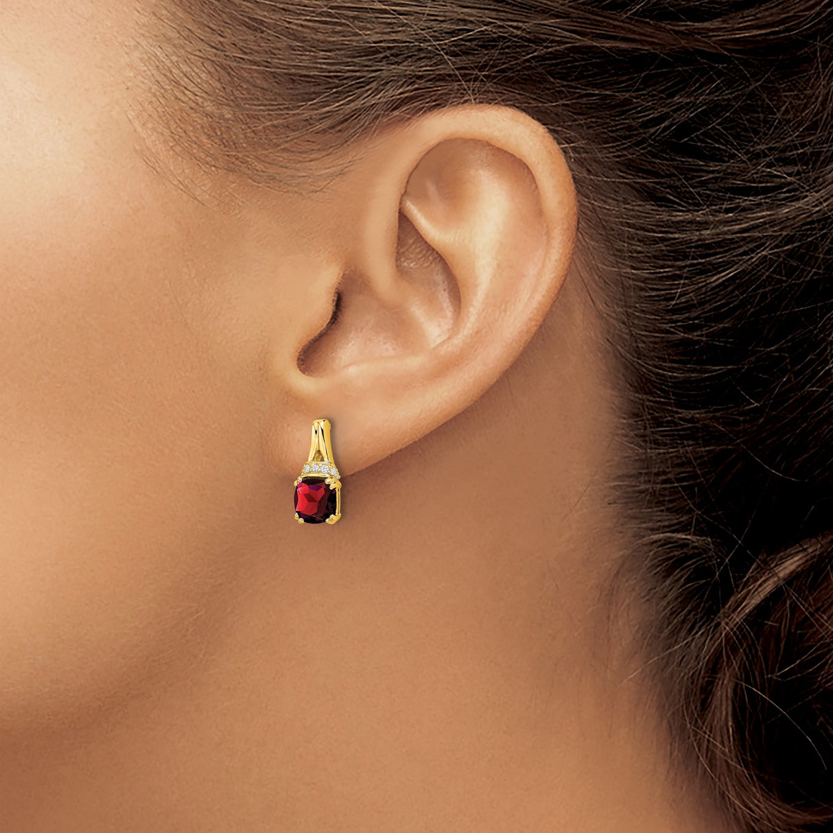 10k Yellow Gold Stud Earrings with Garnet and Diamond Accents, Classic Design for Women