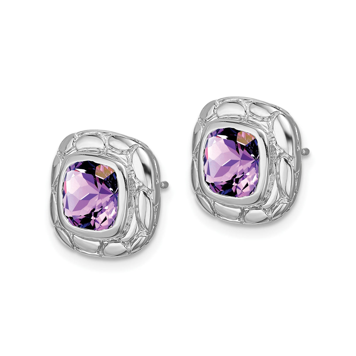 Sterling Silver Amethyst Stud Earrings with Cushion Cut Gemstone and Bezel Setting