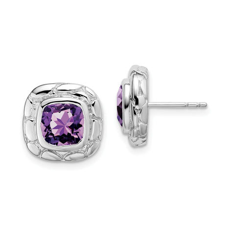Sterling Silver Amethyst Stud Earrings with Cushion Cut Gemstone and Bezel Setting