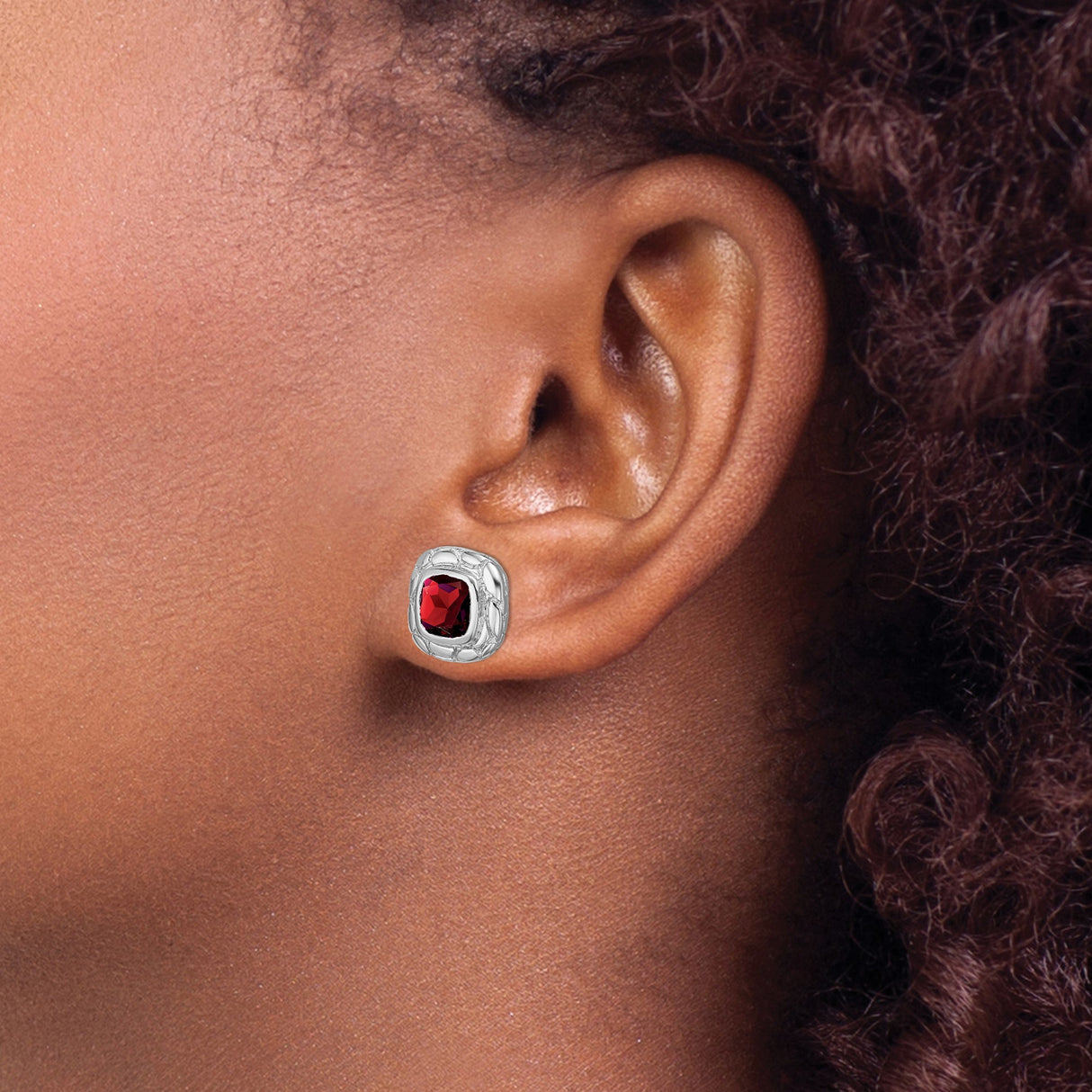 Sterling Silver Stud Earrings with Cushion Cut Garnet in Textured Bezel Setting