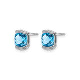 14k White Gold Blue Topaz Cushion Cut Stud Earrings with Lattice Design