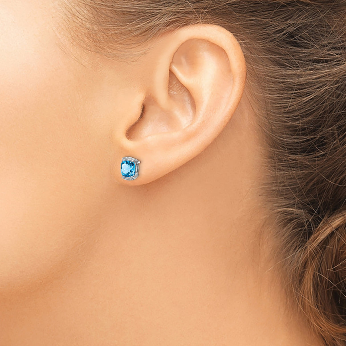14k White Gold Blue Topaz Cushion Cut Stud Earrings with Lattice Design