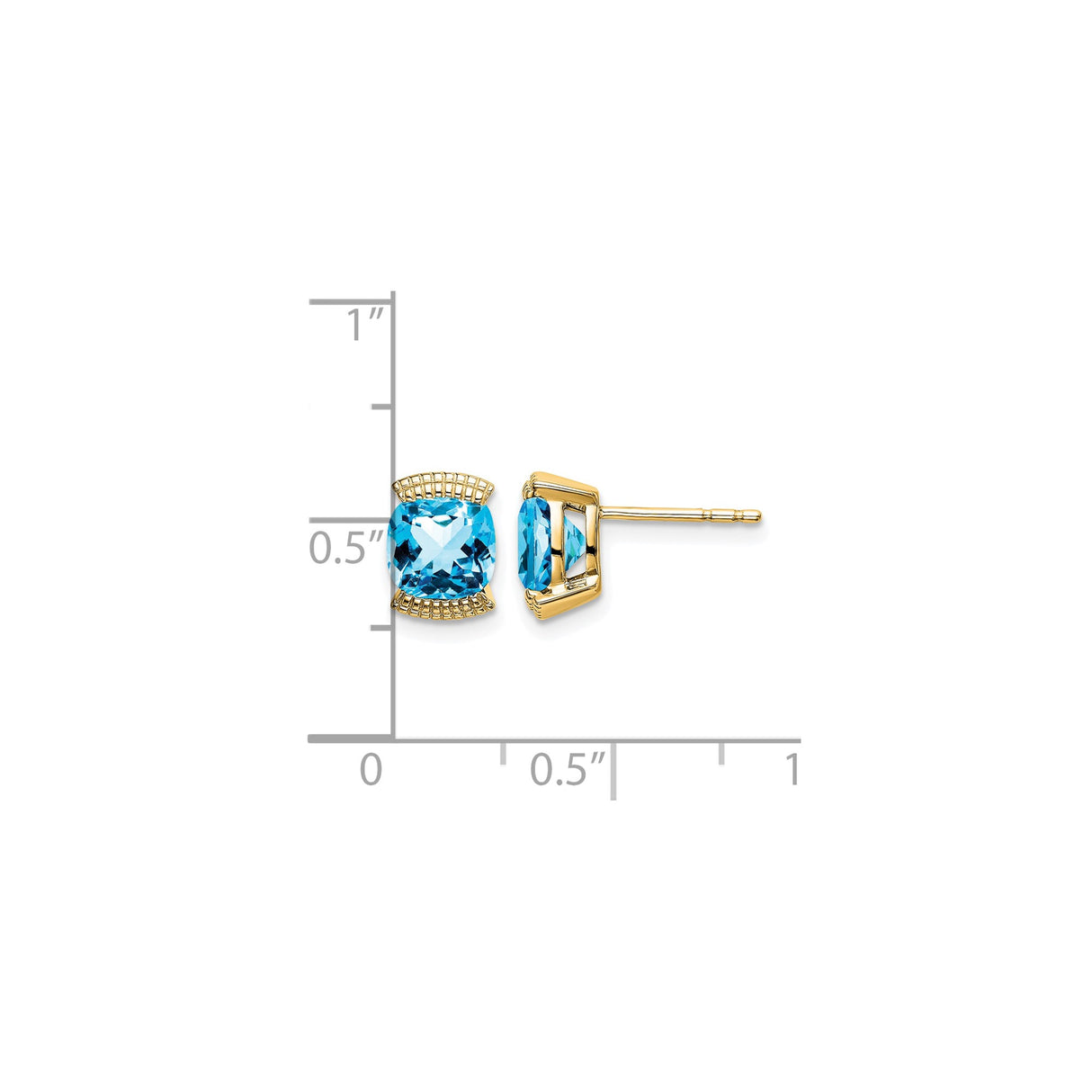 14k Yellow Gold Stud Earrings with Cushion Cut Swiss Blue Topaz, Scrollwork Design
