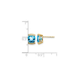 14k Yellow Gold Stud Earrings with Cushion Cut Swiss Blue Topaz, Scrollwork Design