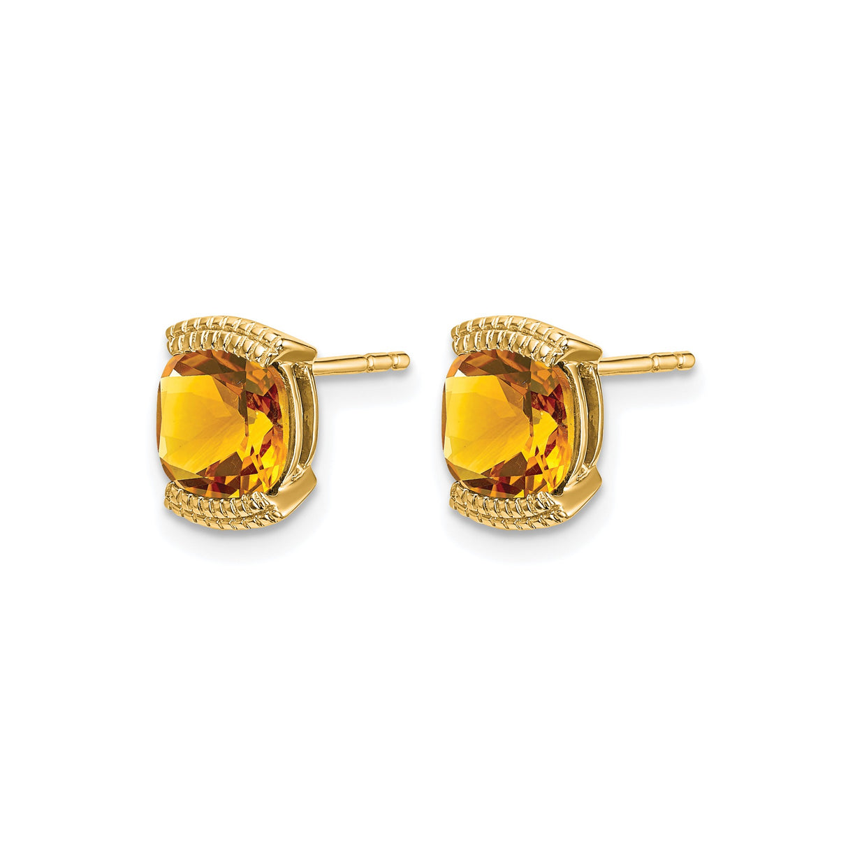14k Yellow Gold Cushion Cut Citrine Stud Earrings with Decorative Grid Detailing