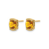 14k Yellow Gold Cushion Cut Citrine Stud Earrings with Decorative Grid Detailing