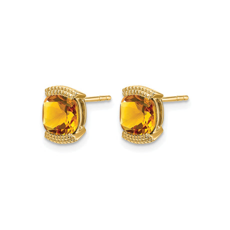 14k Yellow Gold Cushion Cut Citrine Stud Earrings with Decorative Grid Detailing