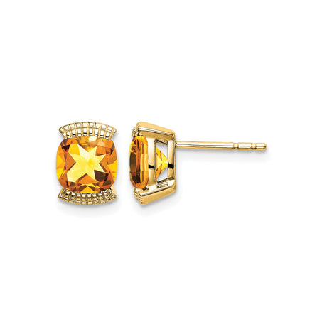 14k Yellow Gold Cushion Cut Citrine Stud Earrings with Decorative Grid Detailing
