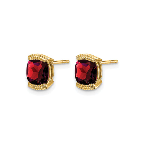 14k Yellow Gold Stud Earrings with Cushion Cut Garnet, Grid Design, January Birthstone