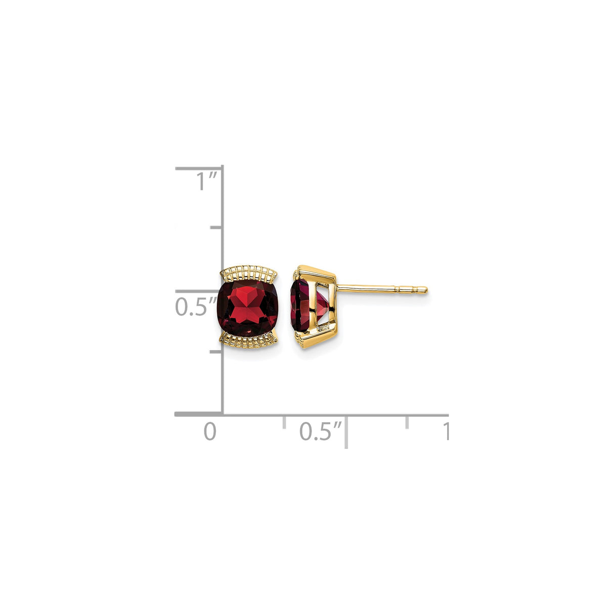 14k Yellow Gold Stud Earrings with Cushion Cut Garnet, Grid Design, January Birthstone