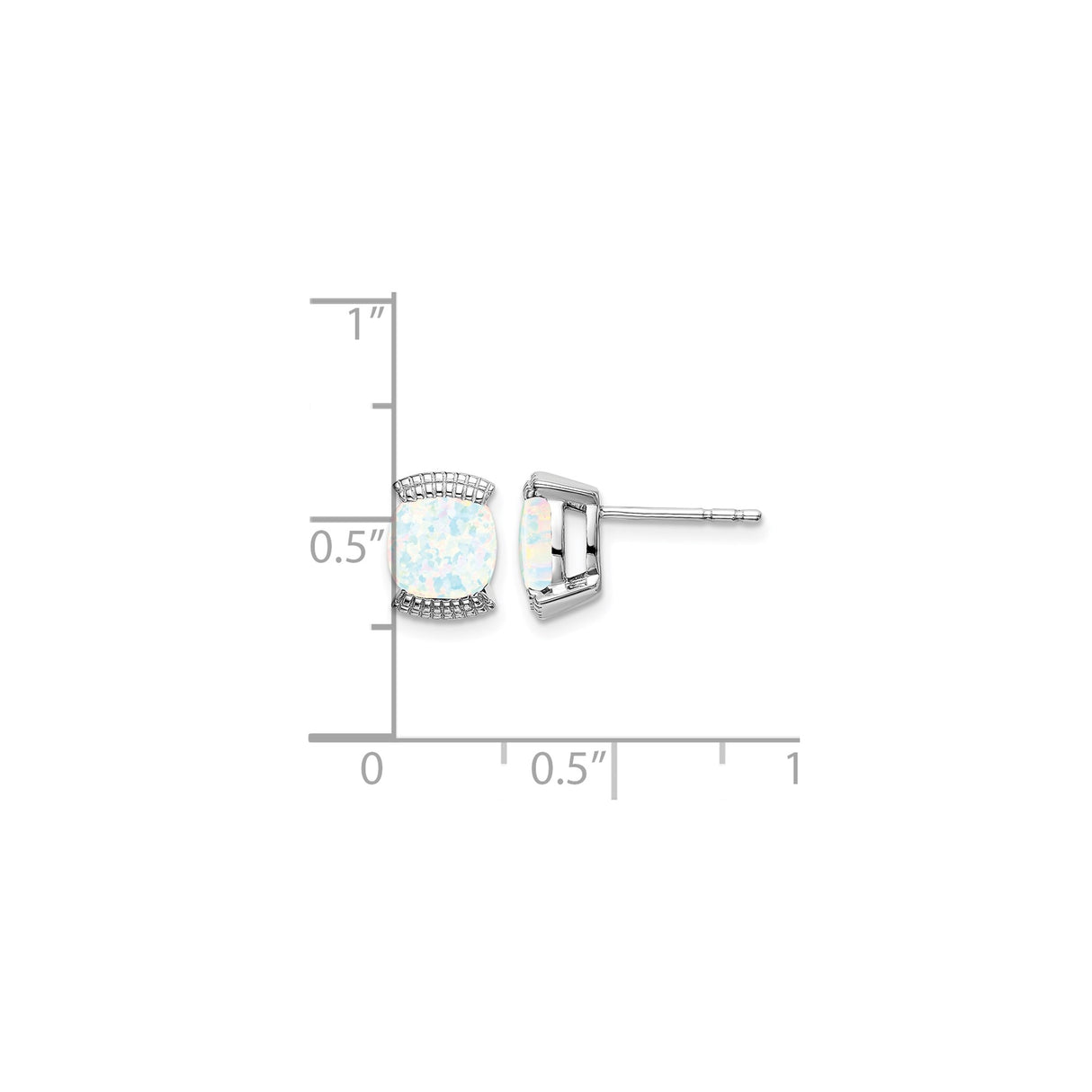 14k White Gold Opal Stud Earrings, Cushion Cut with Decorative Accents, Minimalist Style for Women