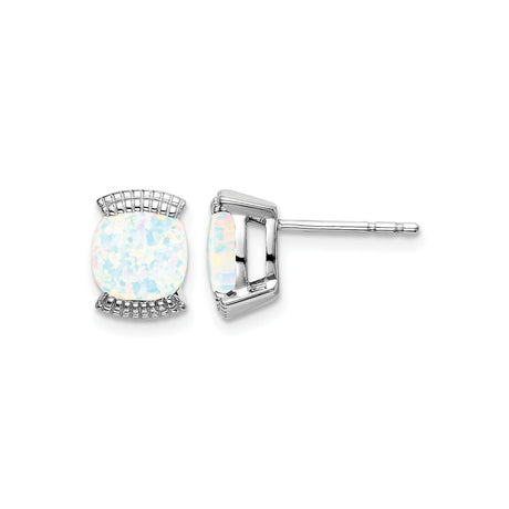 14k White Gold Opal Stud Earrings, Cushion Cut with Decorative Accents, Minimalist Style for Women