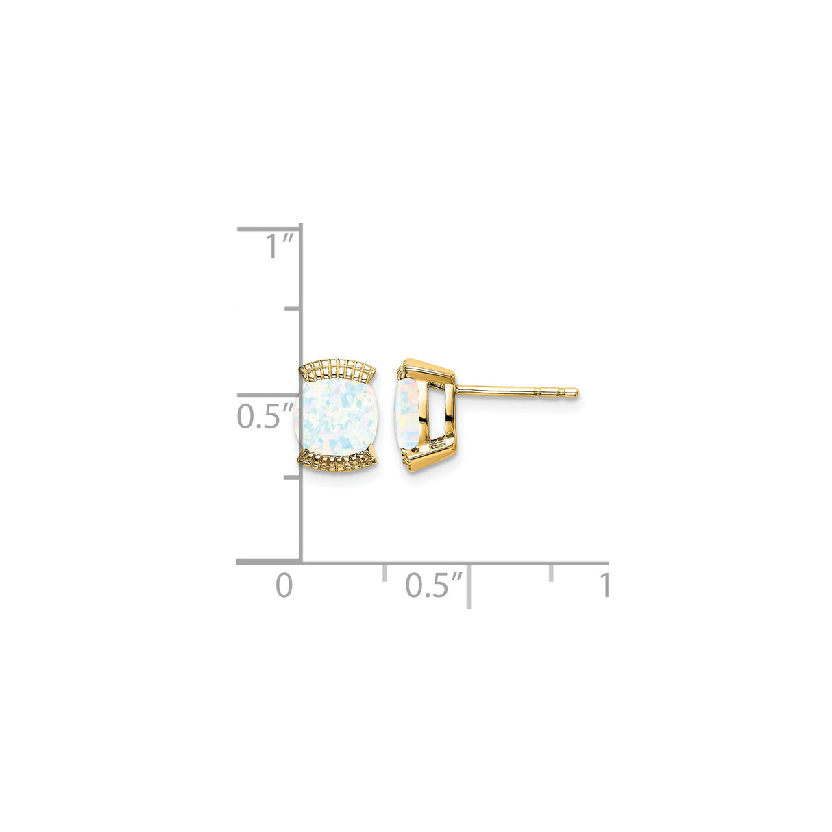 14k Yellow Gold Opal Stud Earrings, Cushion Cut with Decorative Lattice Design for Women
