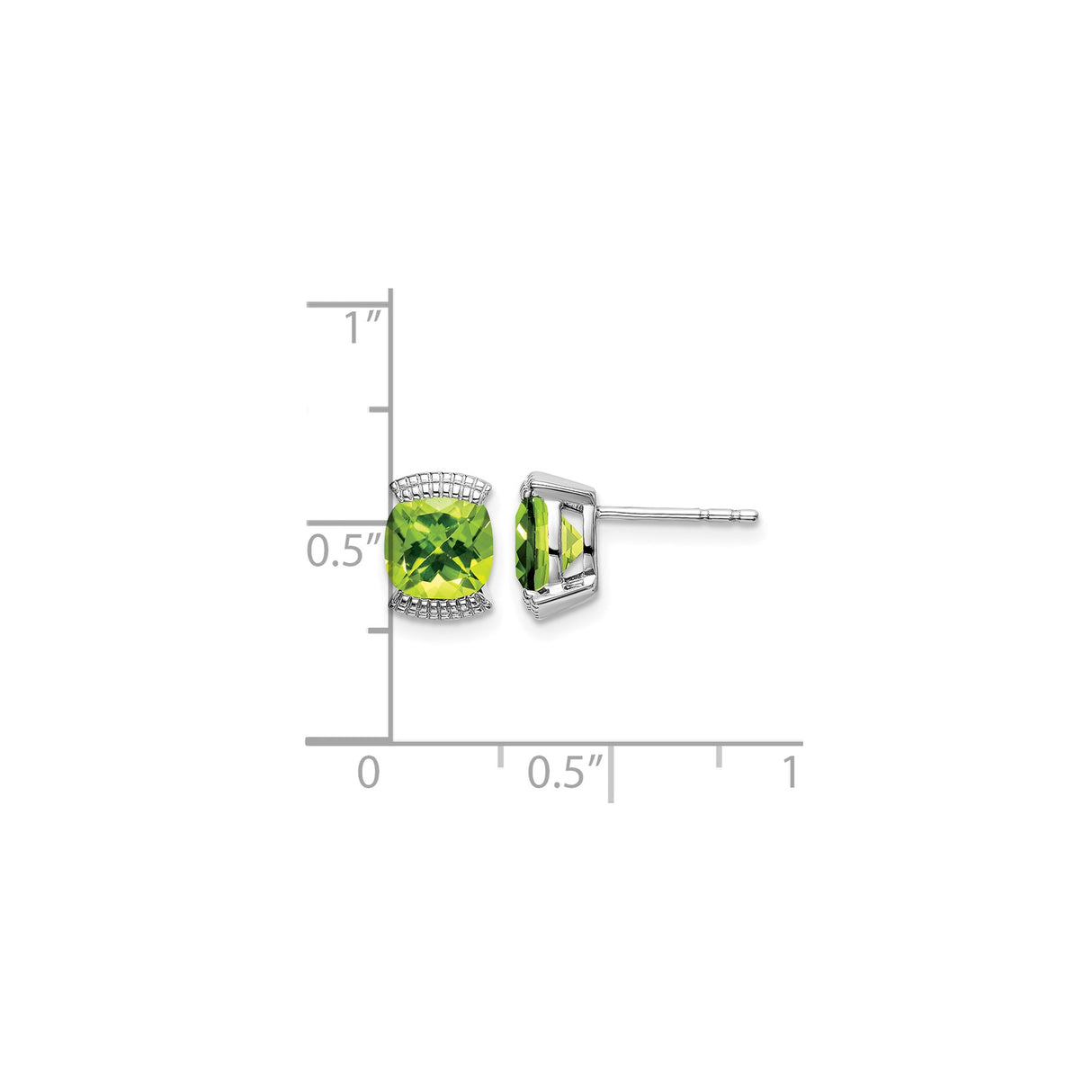 14k White Gold Peridot Stud Earrings, Cushion Cut Decorative Basket Setting