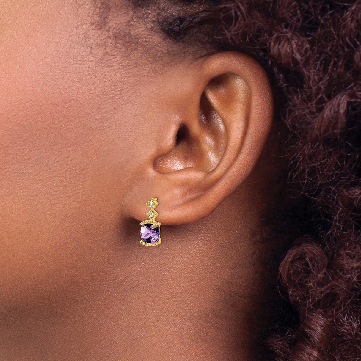 14k Yellow Gold Stud Earrings with Purple Amethyst and Diamond Accents, Geometric Motif
