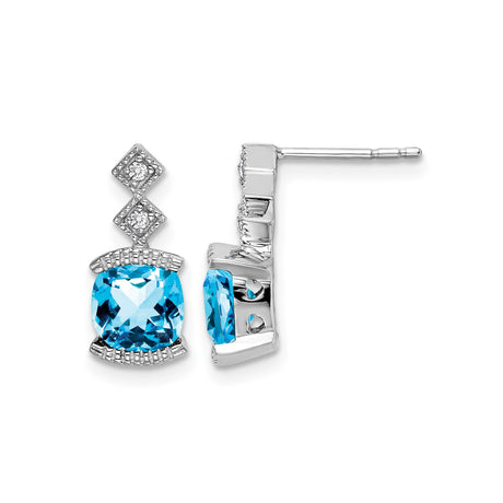14k White Gold Dangle Earrings with Swiss Blue Topaz and Diamond Accents, Geometric Design