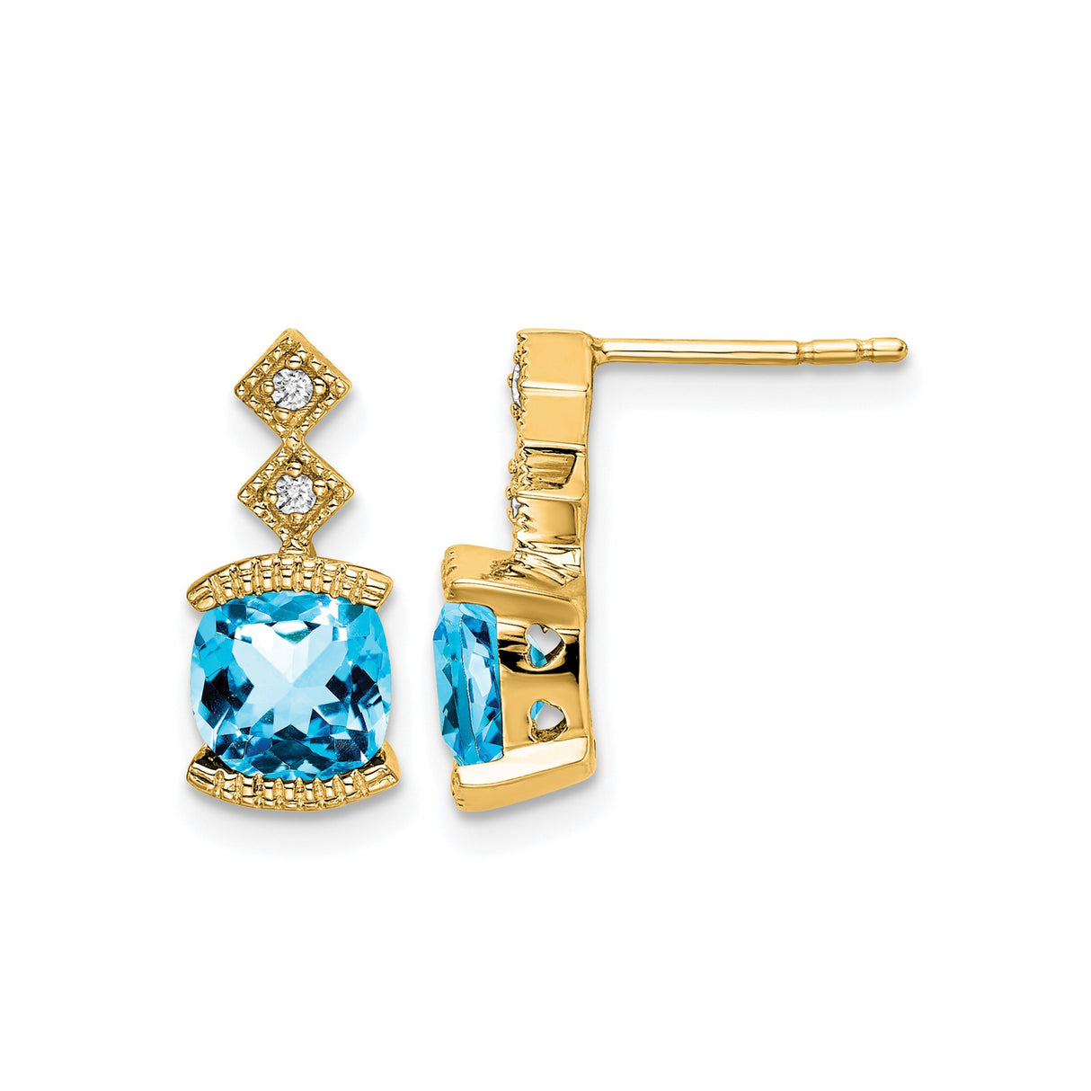14k Yellow Gold Dangle Earrings with Swiss Blue Topaz and Diamond Accent, Geometric Drop Design